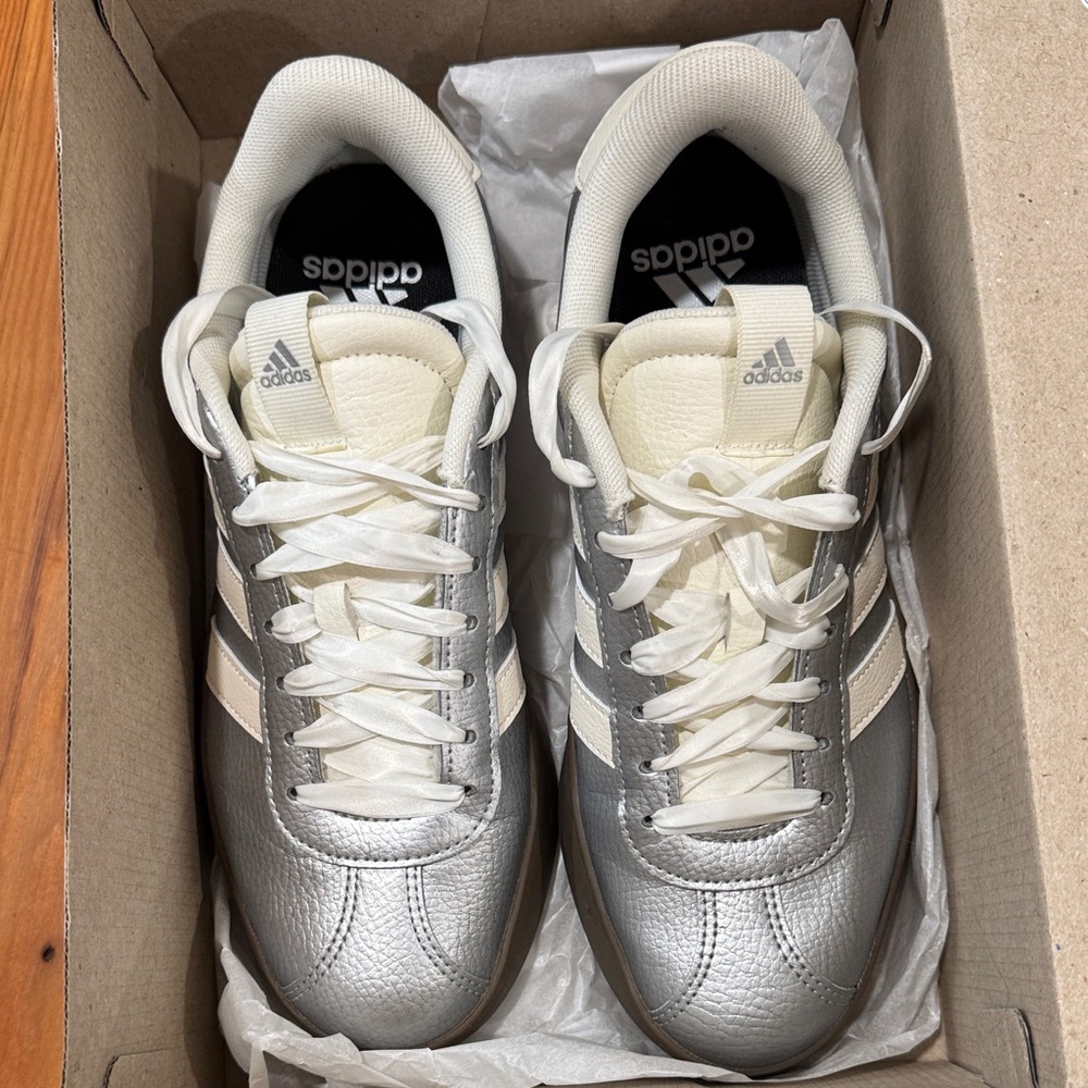 Adidas Metallic Silver and Cream Sneakers